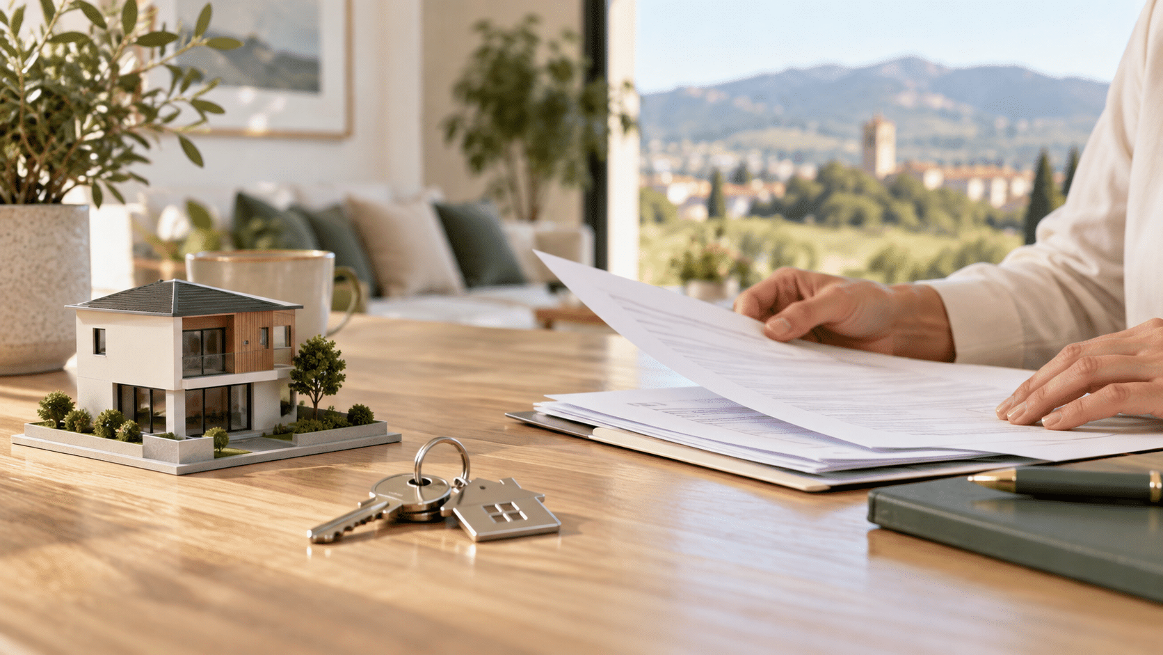 Vender antes de comprar o comprar antes de vender: cómo coordinar tu cambio de casa 1 Documentos, llaves y maqueta de una vivienda sobre una mesa